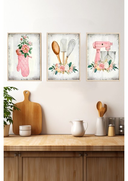 🌸 Pembe Çiçekli Vintage Mutfak Temalı 3’lü Tablo Seti – Çerçeveli, Uv Baskılı CRV1049 23 x 32 fırsatları