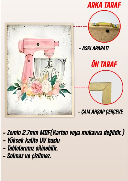 🌸 Pembe Çiçekli Vintage Mutfak Temalı 3’lü Tablo Seti – Çerçeveli, Uv Baskılı CRV1049 23 x 32 indirimleri