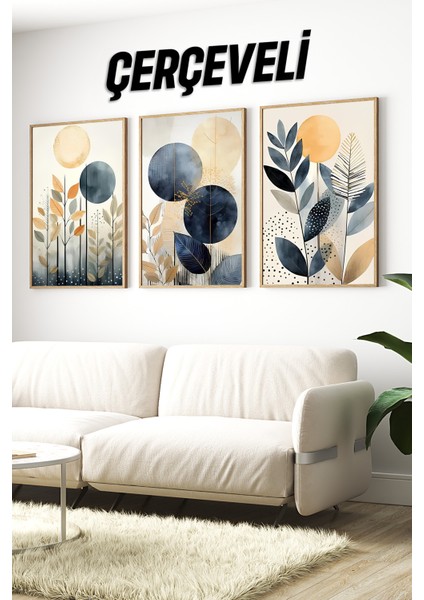 Geometrik Lacivert ve Sarı Bitkiler Temalı 3’lü Ahşap Çerçeveli Uv Baskı Mdf Tablo Seti CRV1044 23 x 32