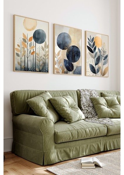 Geometrik Lacivert ve Sarı Bitkiler Temalı 3’lü Ahşap Çerçeveli Uv Baskı Mdf Tablo Seti CRV1044 23 x 32 fiyatları