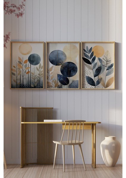 Geometrik Lacivert ve Sarı Bitkiler Temalı 3’lü Ahşap Çerçeveli Uv Baskı Mdf Tablo Seti CRV1044 23 x 32 modelleri