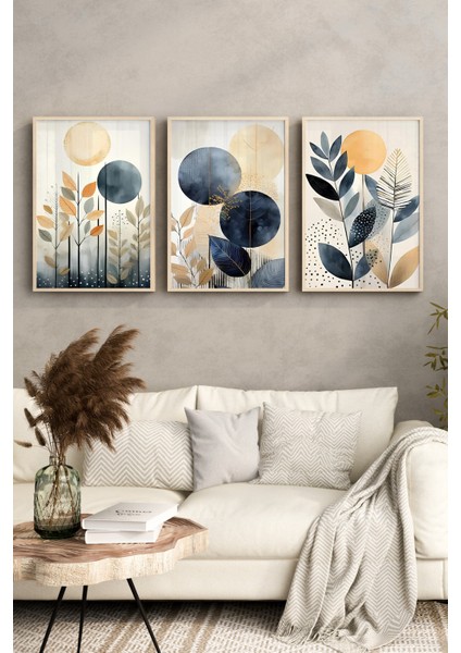 Geometrik Lacivert ve Sarı Bitkiler Temalı 3’lü Ahşap Çerçeveli Uv Baskı Mdf Tablo Seti CRV1044 23 x 32 indirimleri