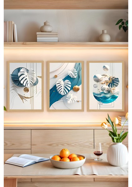 🌿 Modern Tropikal – 3’lü Mdf Uv Baskılı Yaprak Temalı Tablo Seti (3 Ebat Seçeneği) CRVS1028 13 x 17