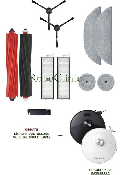 Roborock S8 Maxv Ultra Robot Süpürge Uyumlu Yedek Fırça, Hepa Filtre, Mop, Yan Pad - 11 Parça
