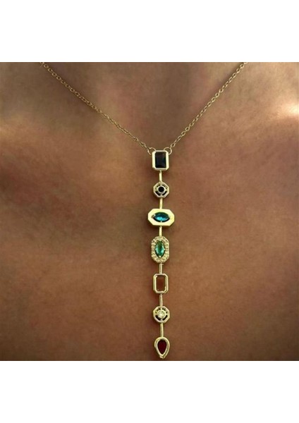 7763 Yedi Element Gold Renk ve Renkli Taşlı Çelik Y Kolye