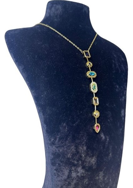 7763 Yedi Element Gold Renk ve Renkli Taşlı Çelik Y Kolye fiyatları