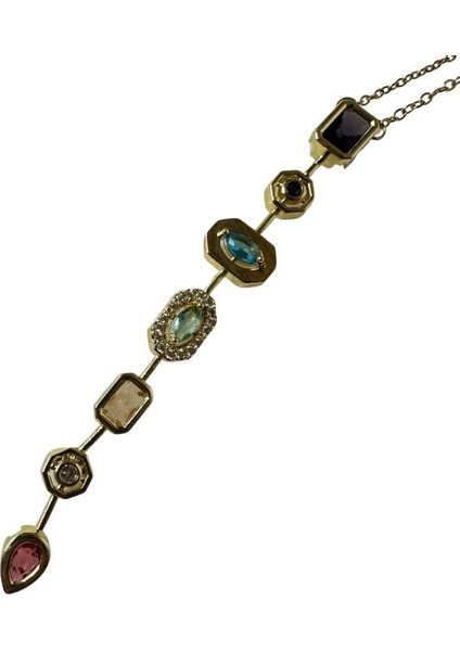 7763 Yedi Element Gold Renk ve Renkli Taşlı Çelik Y Kolye modelleri