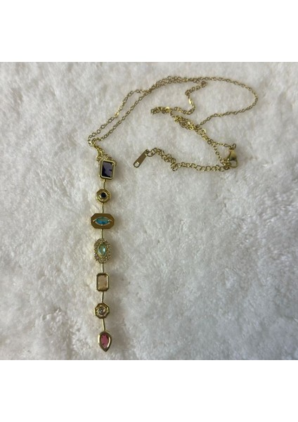 7763 Yedi Element Gold Renk ve Renkli Taşlı Çelik Y Kolye fırsatları