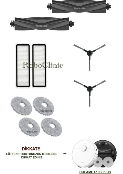 Dreame L10S Plus Robot Süpürge Uyumlu Yedek Ana Fırça, Yan Fırça, Hepa Filtre, Mop - 10 Parça
