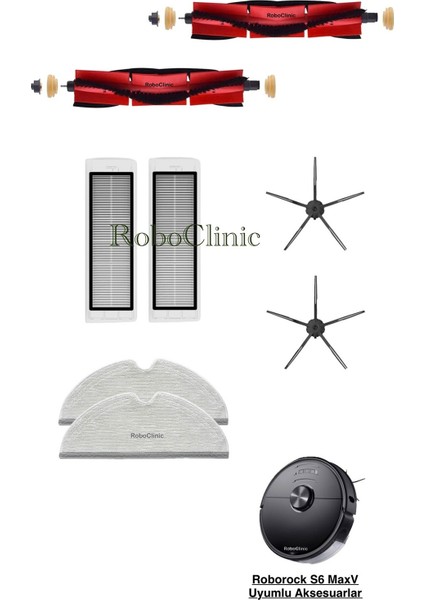 Roborock S6 Maxv Robot Süpürge Uyumlu Yedek Ana Fırça, Yan Fırça, Hepa Filtre, Mop - 8 Parça