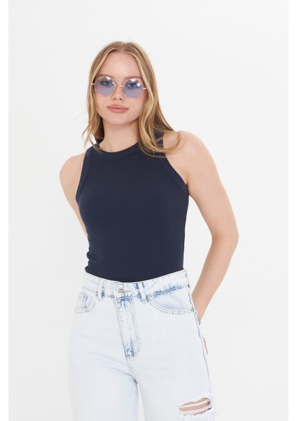 Lacivert Kadın Premium Doku Fitilli Pamuklu Atlet