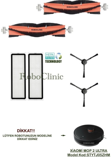 Xiaomi Mi Vacuum Mop 2 Ultra Yedek Ana Fırça, Yan Fırça, Hepa Filtre - 6 Parça