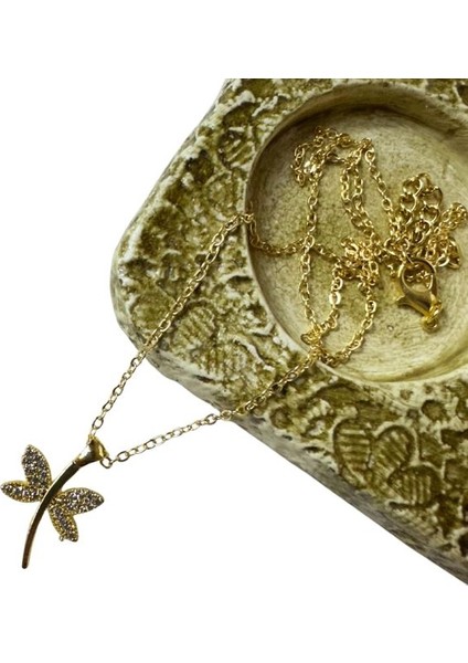 7257 Gold Renk Taş Detaylı Kelebek Model Kolye modelleri