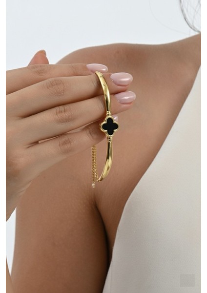 925 Ayar Gümüş Altın Yaldızlı Siyah Sedefli Yonca Modeli Asansörlü Bileklik SGTL13056SIYAH