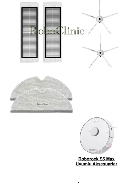 Roborock S5 Max Beyaz Robot Süpürge Uyumlu Yedek Yan Fırça, Hepa Filtre, Mop - 6 Parça