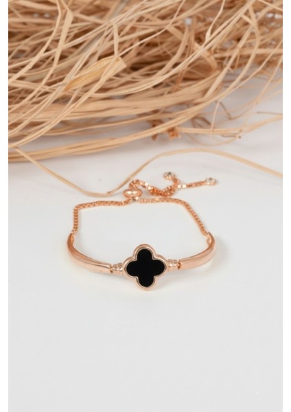 925 Ayar Gümüş Rose Siyah Sedef Taşlı Yonca Modeli Asansörlü Bileklik SGTL13117SIYAH fiyatları