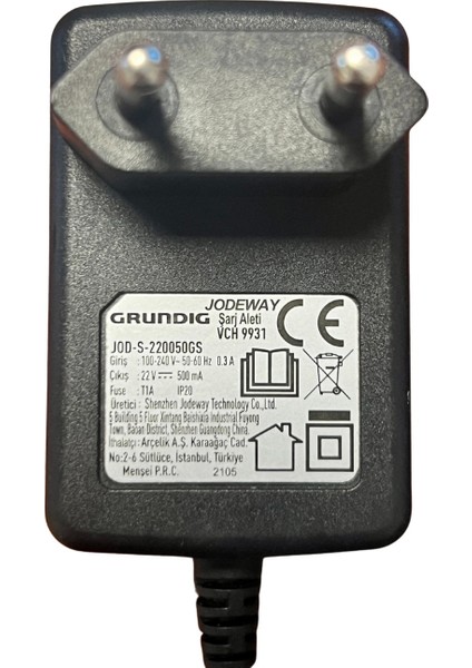 Fakir Grundig VCH9931 Beko Bosh Arçelik Orjinal 22 Volt 0.5A Dikey Süpürge Şarj Adaptörü Aleti modelleri