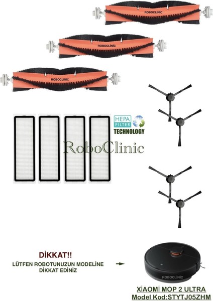 Xiaomi Mi Vacuum Mop 2 Ultra Robot Süpürge Uyumlu Yedek Ana Fırça, Yan Fırça, Hepa Filtre - 11 Parça