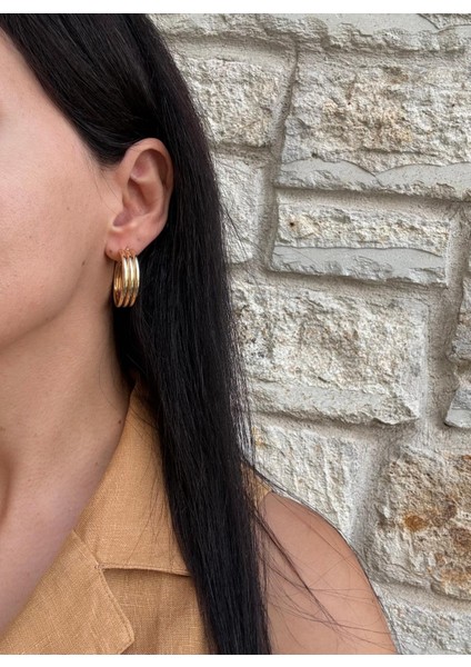 Üçlü Şerit Çelik Gold Halka Küpe modelleri