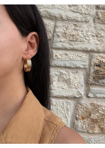 Üçlü Şerit Çelik Gold Halka Küpe fırsatları