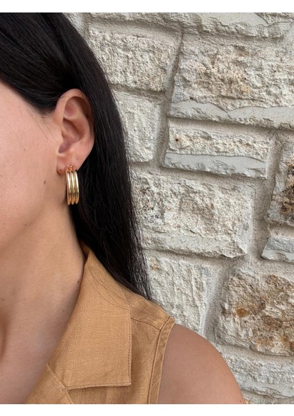 Üçlü Şerit Çelik Gold Halka Küpe