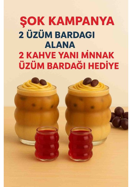 Üzüm Bubbly Bardak Seti 4’lü (2 Büyük + 2 Mini Hediye) | Soğuk Kahve, Smoothie ve Sunum Bardağı | Şok Kampanya