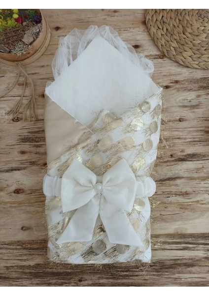 Yenidoğan Izmir Incisi Tül Işlemeli Pamuklu Fiyonklu Kundaklı Lüks 3lü Alt Açma Seti Gold fırsatları