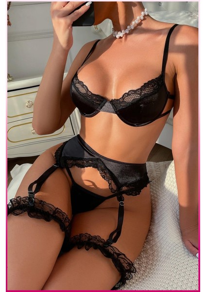 Siyah Zarif Saten Balenli Kadın Jartiyer Takım indirimleri