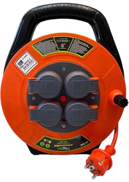 Seyyar Kablo Makarası – 10 Metre, 4 Prizli, IP44 Kapaklı, 230V 16A, 1000W – Taşınabilir Çanta Tipi