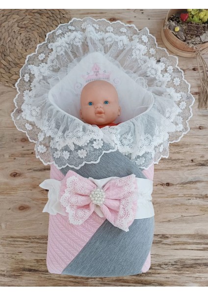 Yenidoğan Teri Cotton Taç Nakışlı Prizma Taş Kundak Bebek Battaniyesi Pembe fiyatları