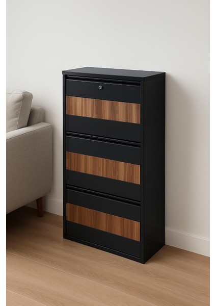 3 Lü Ahşap Desenli Kilitli Metal Ayakkabılık Karlıhome