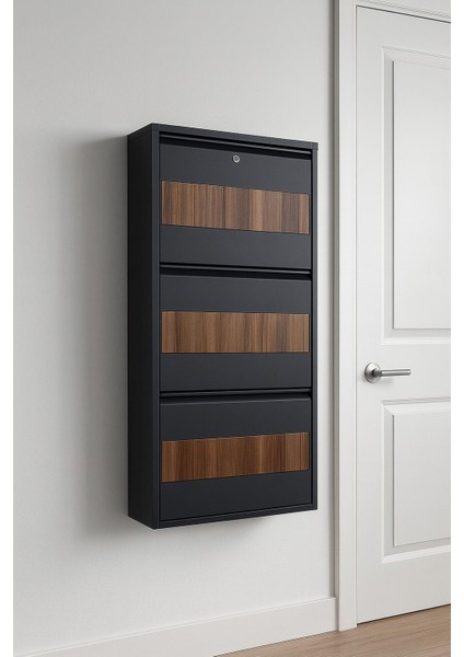 3 Lü Ahşap Desenli Kilitli Metal Ayakkabılık Karlıhome fiyatları