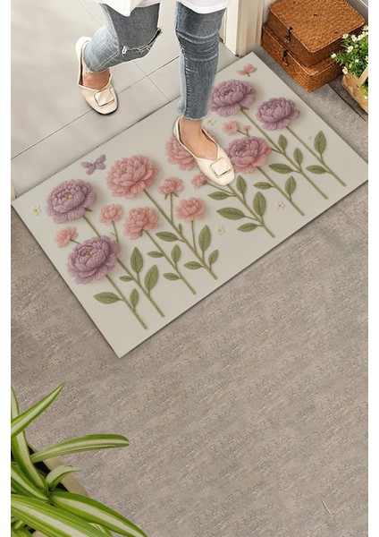 Iplikten Düşler Nakışlı Şakayık Çiçekler Welcome Hoş Geldiniz Dijital Baskı Kapı Önü Paspası 45X70CM fiyatları