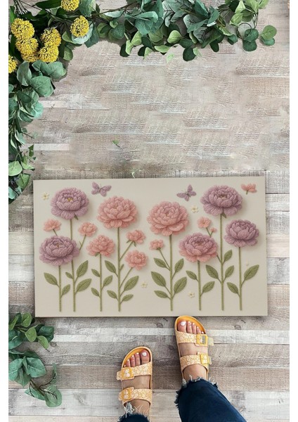 Iplikten Düşler Nakışlı Şakayık Çiçekler Welcome Hoş Geldiniz Dijital Baskı Kapı Önü Paspası 45X70CM modelleri