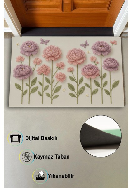 Iplikten Düşler Nakışlı Şakayık Çiçekler Welcome Hoş Geldiniz Dijital Baskı Kapı Önü Paspası 45X70CM fırsatları