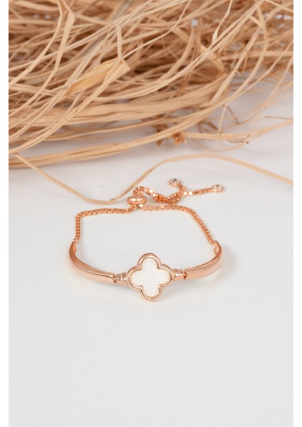 925 Ayar Gümüş Rose Sedef Taşlı Yonca Modeli Asansörlü Bileklik SGTL13117BEYAZ modelleri