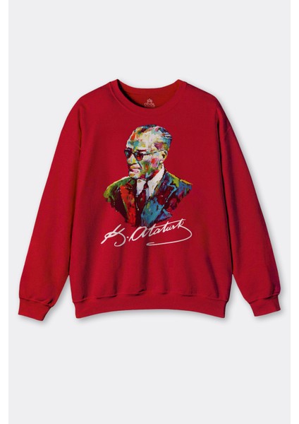 Karizma Gözlüklü Gazi Mustafa Kemal Atatürk Portresi Ata Baskılı Kırmızı Sweatshirt