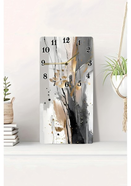 Temperli Cam Tablo Saat – Siyah Bej Soyut Füzyon Deseni (30X60CM) – Uv Baskı– CUSD096