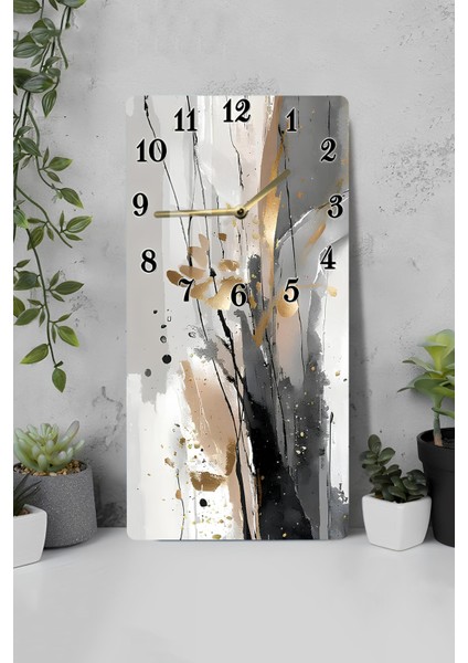 Temperli Cam Tablo Saat – Siyah Bej Soyut Füzyon Deseni (30X60CM) – Uv Baskı– CUSD096