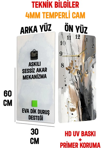 Temperli Cam Tablo Saat – Siyah Bej Soyut Füzyon Deseni (30X60CM) – Uv Baskı– CUSD096