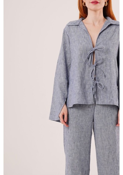 Ön Bağlama Detaylı Pantolon ve Gömlek Indigo Ikili Takım