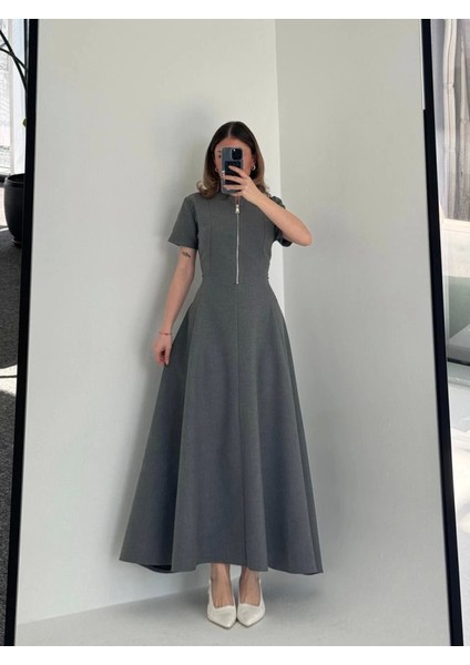 Kısa Kollu Önden Fermuarlı Çan Etekli Uzun Elbise - Antrasit modelleri