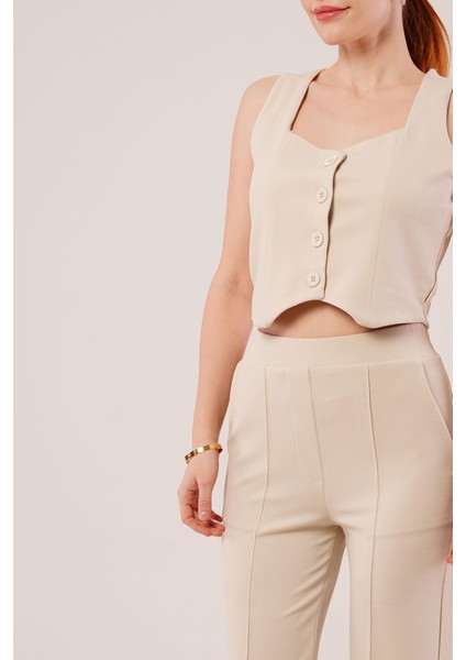 Kalın Askılı Düğmeli Yelek ve Pantolon Bej Takım fiyatları