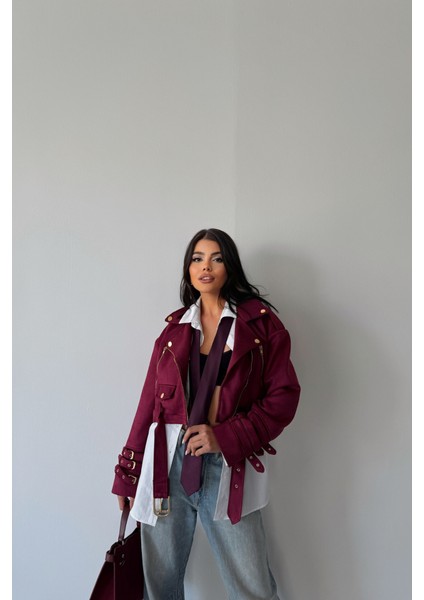 Süet Crop Ceket Kol 3 Kemer Detaylı - Bordo