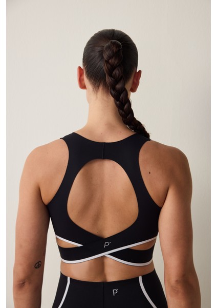 Siyah Orta Destekli Contrast Bonding Spor Sütyeni