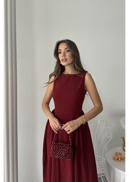 Bordo Yanları Büzgülü Midi Boy Keten Elbise modelleri