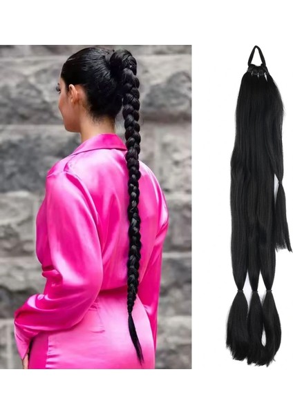 Üçlü Örgü Tokalı At Kuyruğu - Siyah