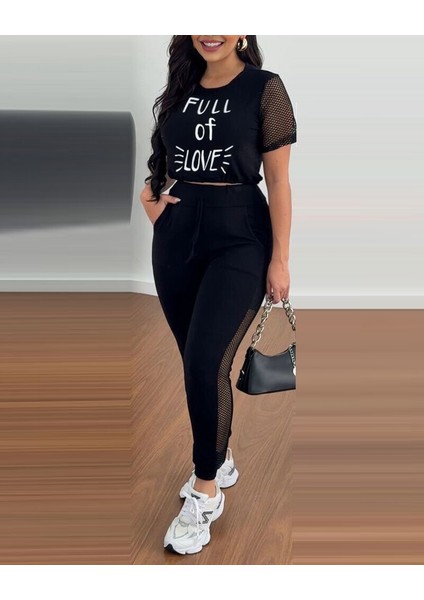 Kadın Kısa Kollu Bisiklet Yaka File Detaylı Viskon Iki Iplik Krop ve Eşofman Altı Ikili Takım