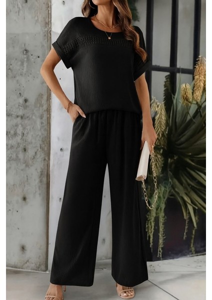 Kadın Kısa Kollu Yakası Açık Aerobin Bluz ve Pantolon Ikili Takım