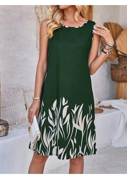 Kadın Askılı Yuvarlak Yakalı Yaprak Desenli Dalgıç Elbise modelleri